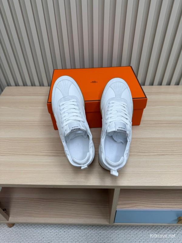 2025 Unisex Hermès White Suede Down Fabric Sneakers Top Version LY00310