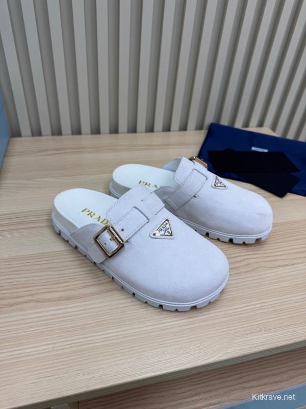 2025 Slippers Prada Light Gray Suede Slippers LY00280