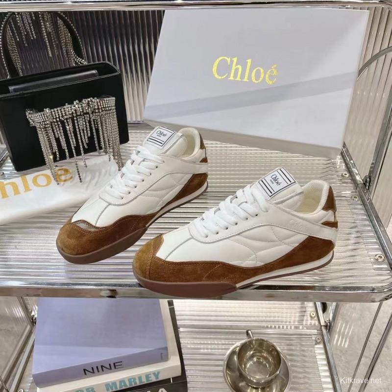 2025 Women Chloé White Brown Leather Suede Sneakers LY00300