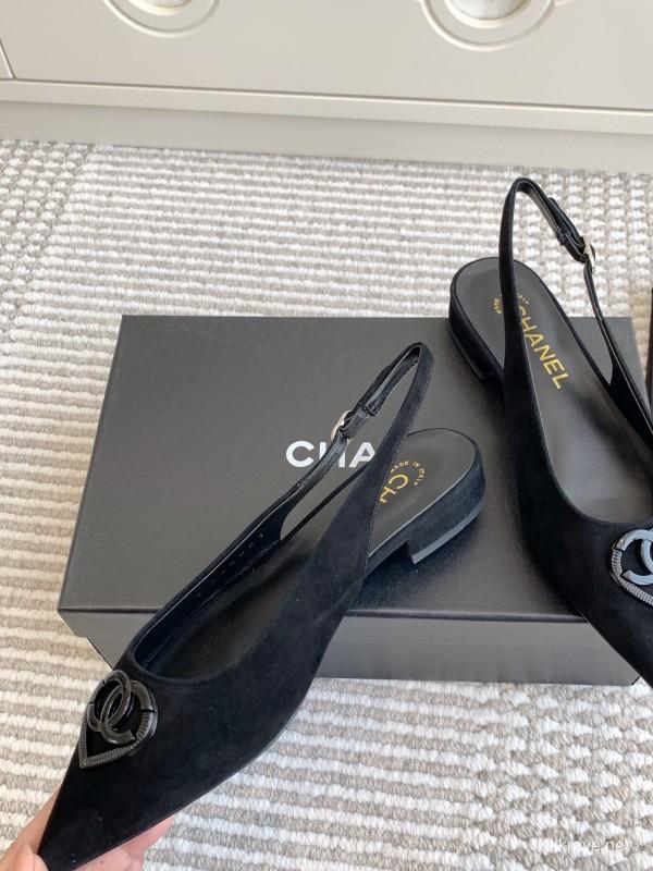 2025 Women Chanel Black Suede Slingback Heart Logo Flats KFY00300
