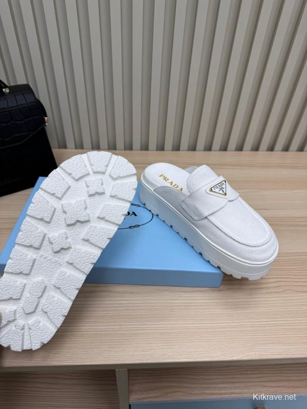 2025 Women Prada White Canvas Platform Loafers