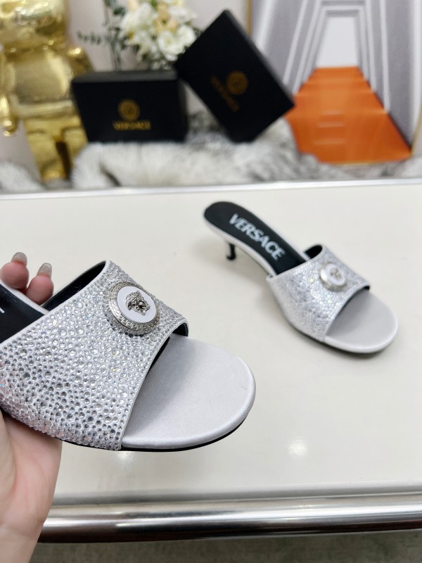 2025 Women VERSACE White Crystal Satin Mules