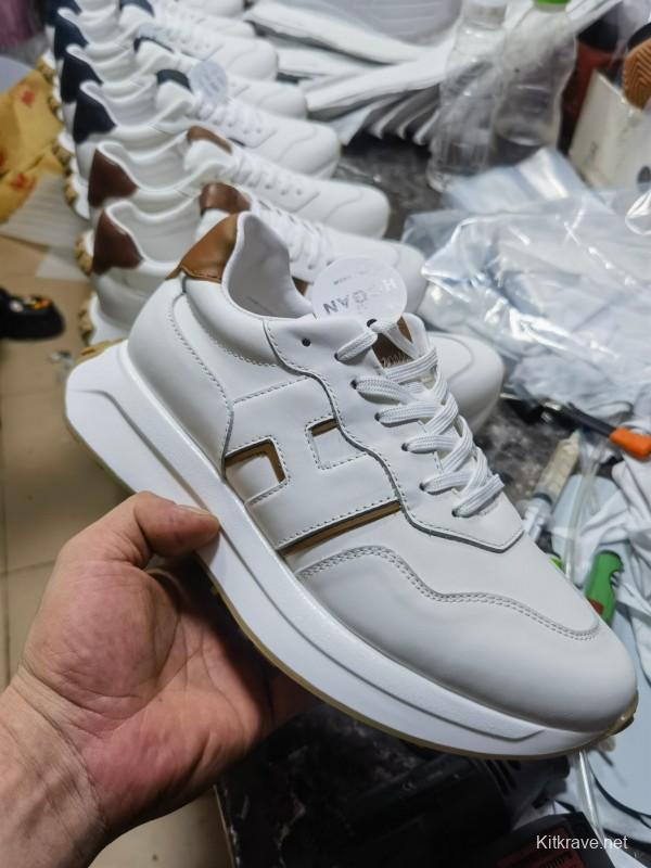 2025 Unisex HOGAN White Blue Brown Leather Sneakers H-STRIPES LY00360(F)/LY00370(M)