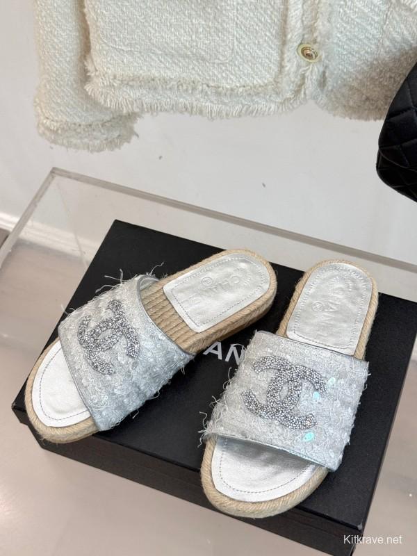 2025/Women Chanel White Lace Espadrille Slides Handmade Craft KFY00240(F)