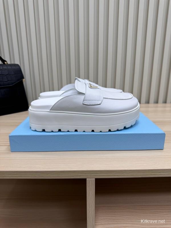 2025 Women Prada White Leather Slippers KFY00280