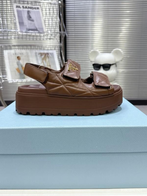 2025 Women Prada Brown Leather Sandals
