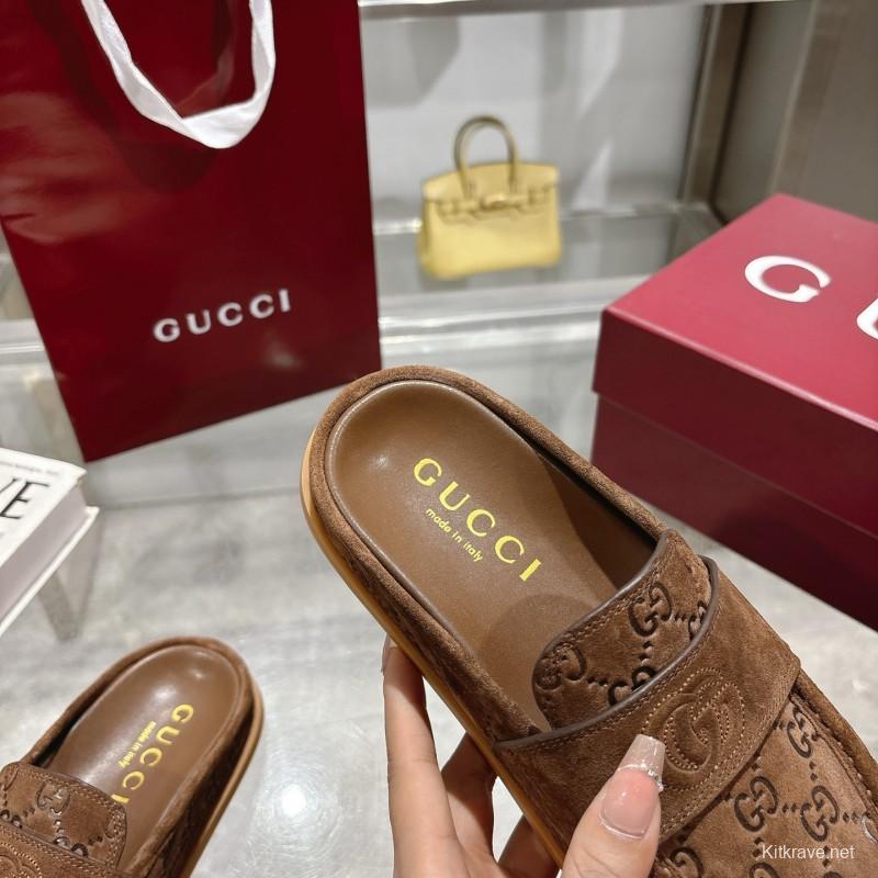 2025 Women Gucci Dark Brown Suede Mule Embossed GG LY00270