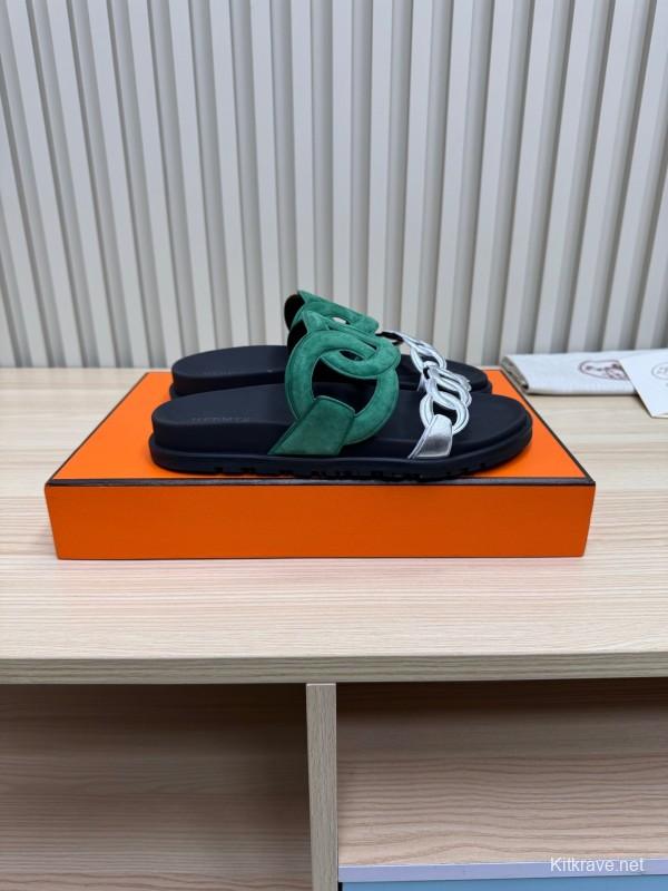 2025 Slippers Hermès Green Black Suede Leather Slippers