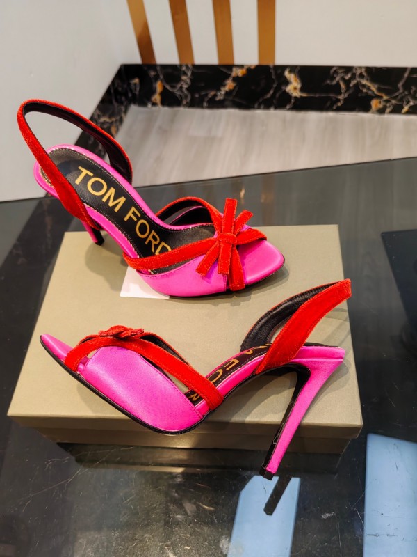 2025 Women TOM FORD Pink Red Velvet Silk High Heel Open Back Sandals