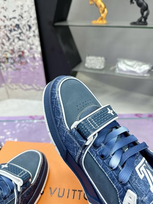 2024 Men Louis Vuitton Blue Denim Calfskin Silk Plimsolls Washed MJ00410