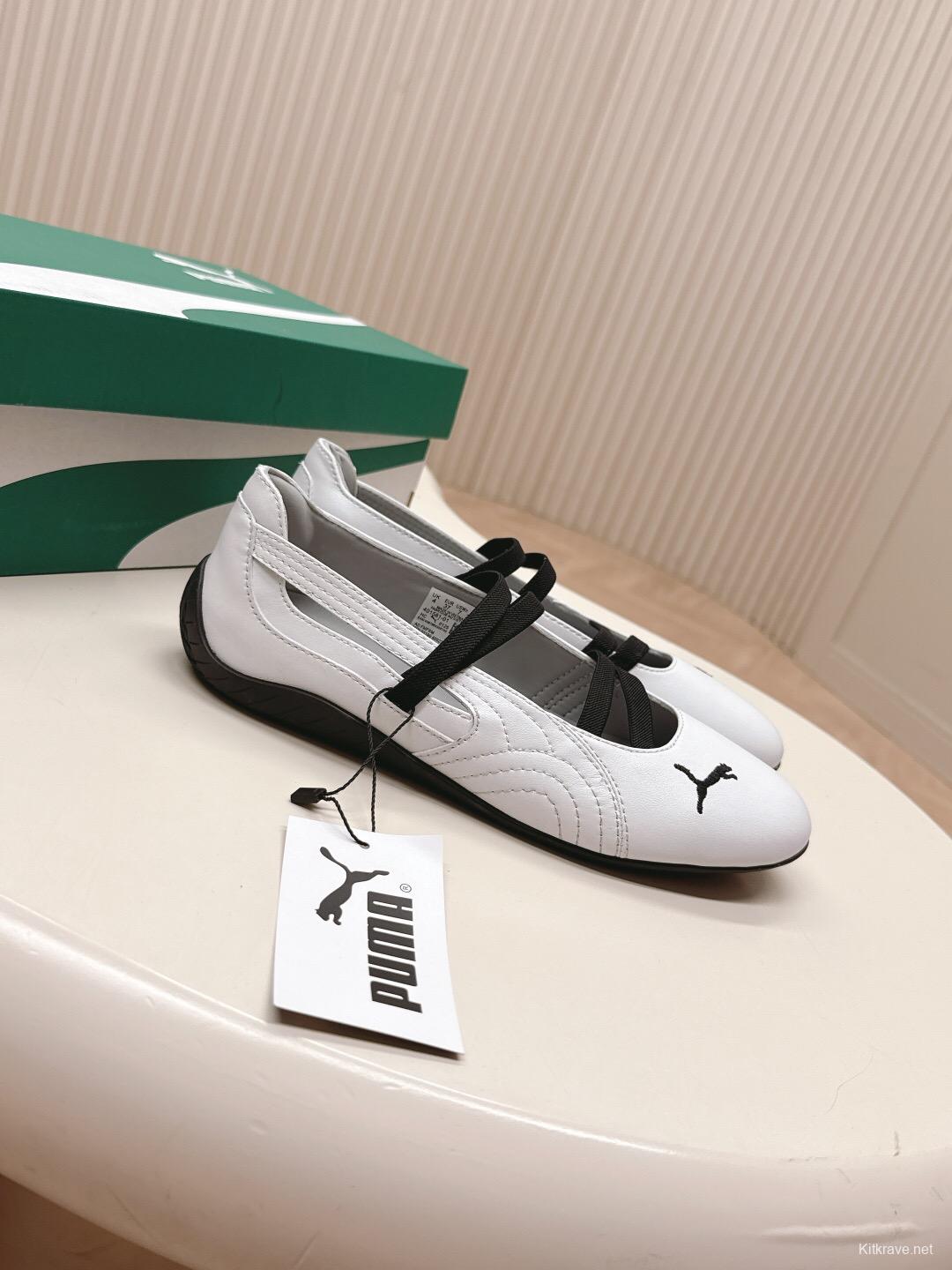 2025 Women Puma White Black Leather Ballet Flat LY