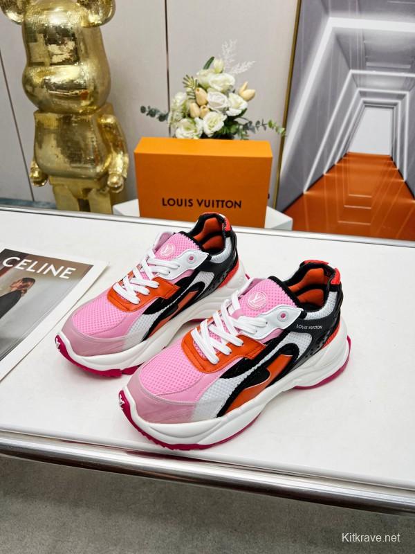 2025 Women Louis Vuitton Pink Orange Black Mesh Leather Sneakers LY00340