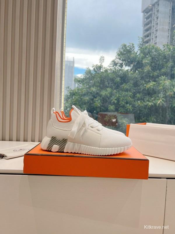2024 Unisex Hermès white orange knit leather sneakers