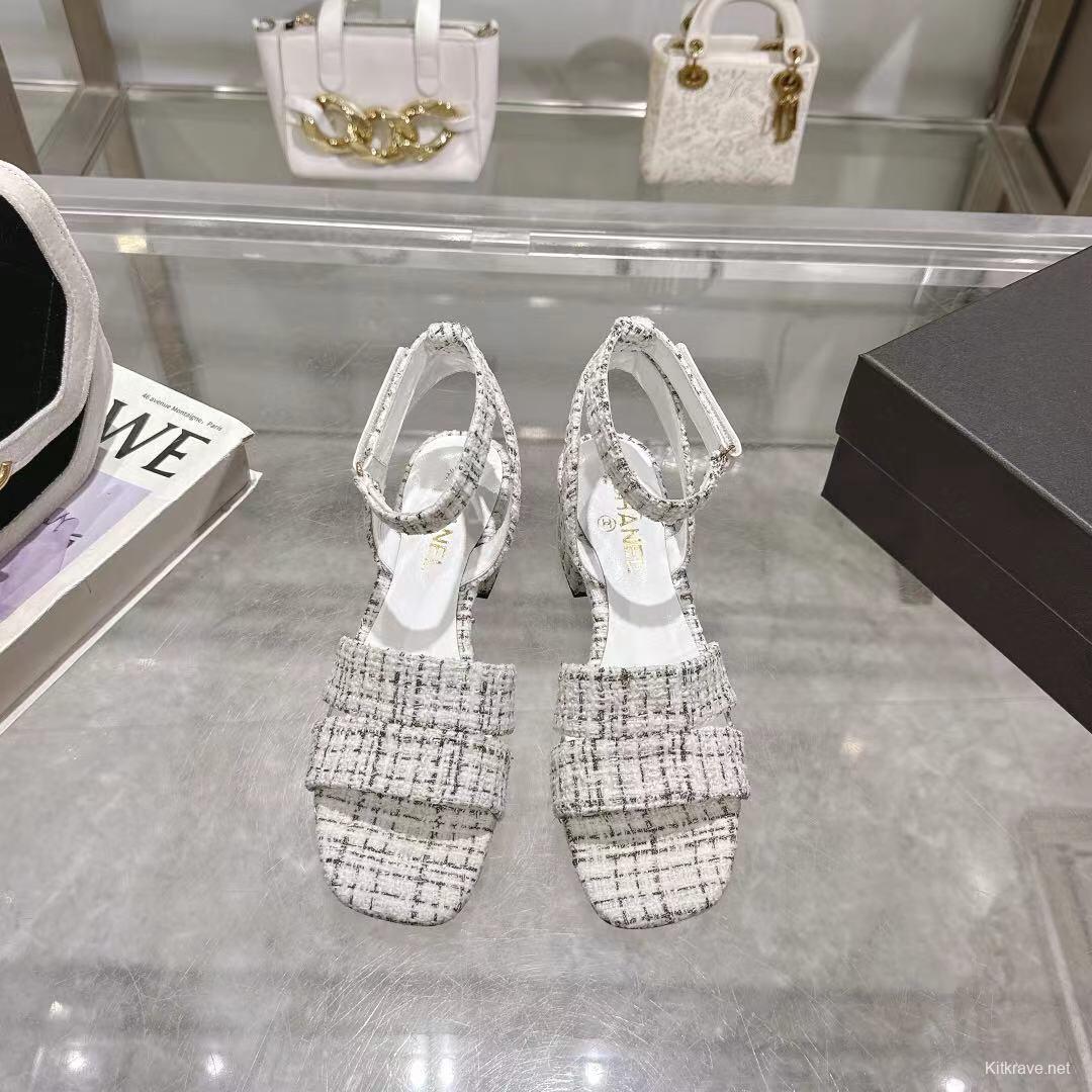 2025 Women Chanel White Black Tweed Leather Sandals LY00280
