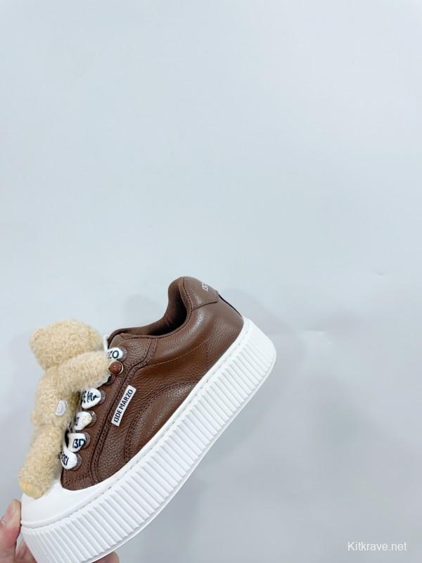 2025 Women 13DE MARZO Brown White Leather Plush Toy Sneakers KFY00300