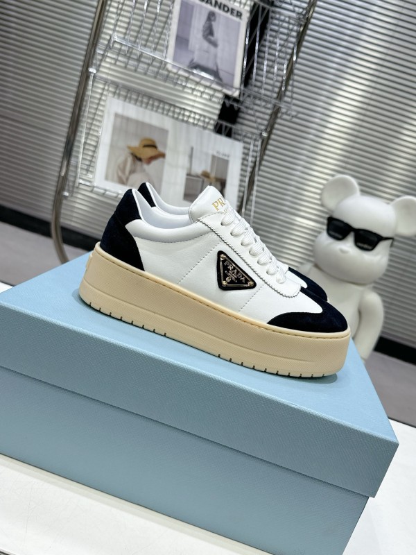 2025 Women Prada White Black Leather Suede Sneakers