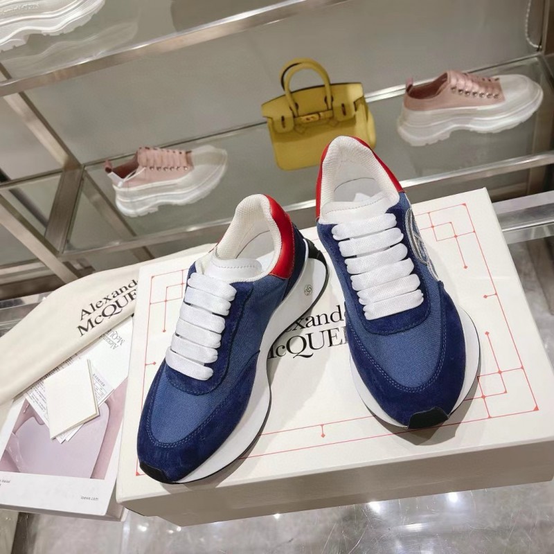 2024 Unisex Alexander McQueen Blue Red Leather Suede Mesh Sneakers MJ00370