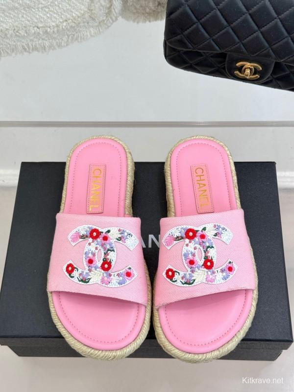 2025 Slippers Chanel Pink Canvas Embroidered KFY00230