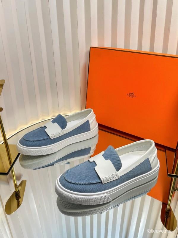 2025 Women Hermès Blue White Leather Canvas Loafers LY00310