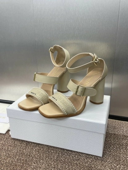 2025 Women Dior Beige Calf Leather Sheepskin Pearl Embroidered High Heel Sandals KFY00320