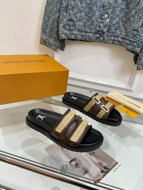 2025 Slippers Louis Vuitton Brown Canvas Leather Slippers LY