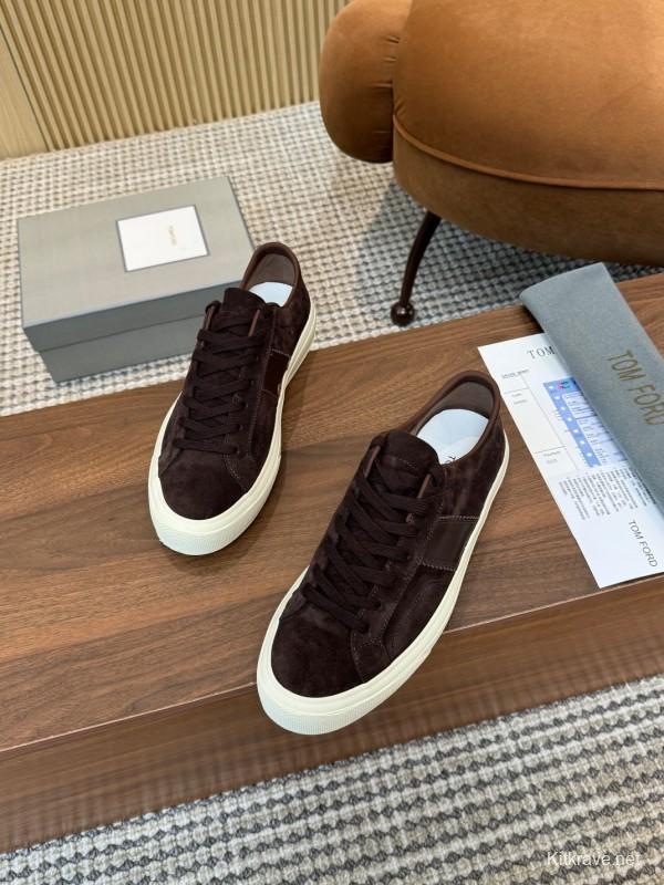 2025 Men TOM FORD Dark Brown Black Suede Leather Sneakers LY00360