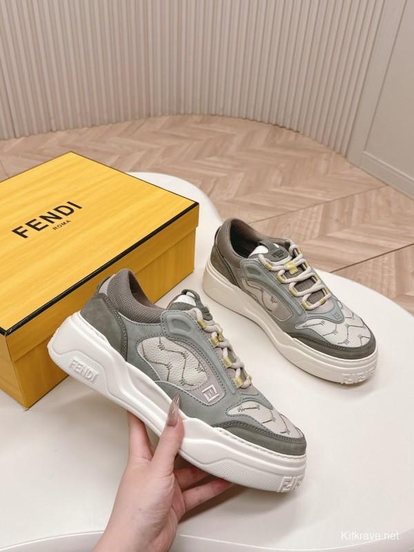 2025 Unisex Fendi Grey White Fabric Leather Plimsolls Mark Line