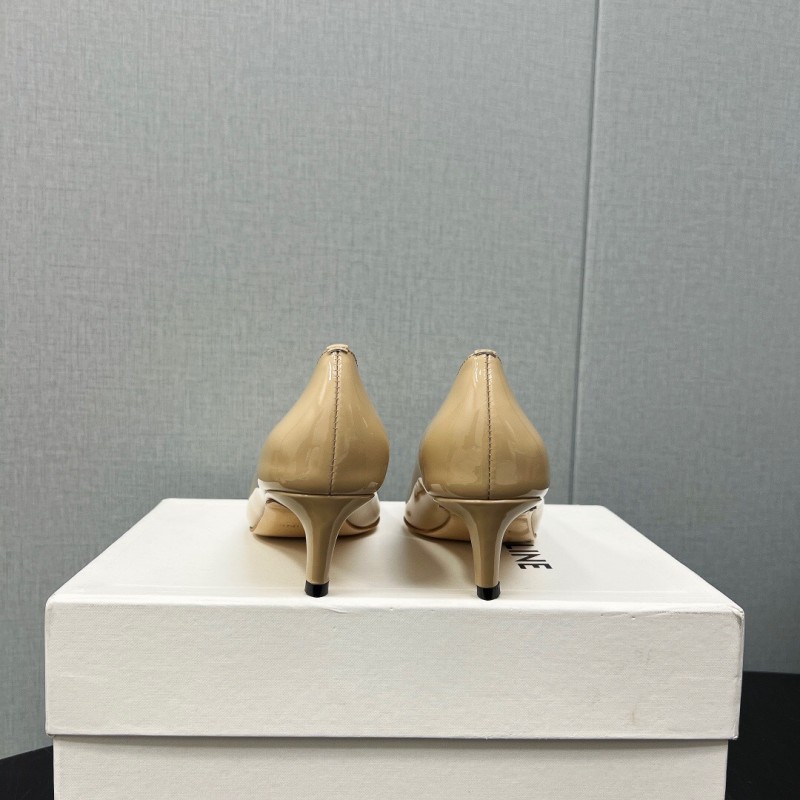 2025 Women Celine Beige Patent Leather Pointed Toe Heel Metal Ornament KFY00290