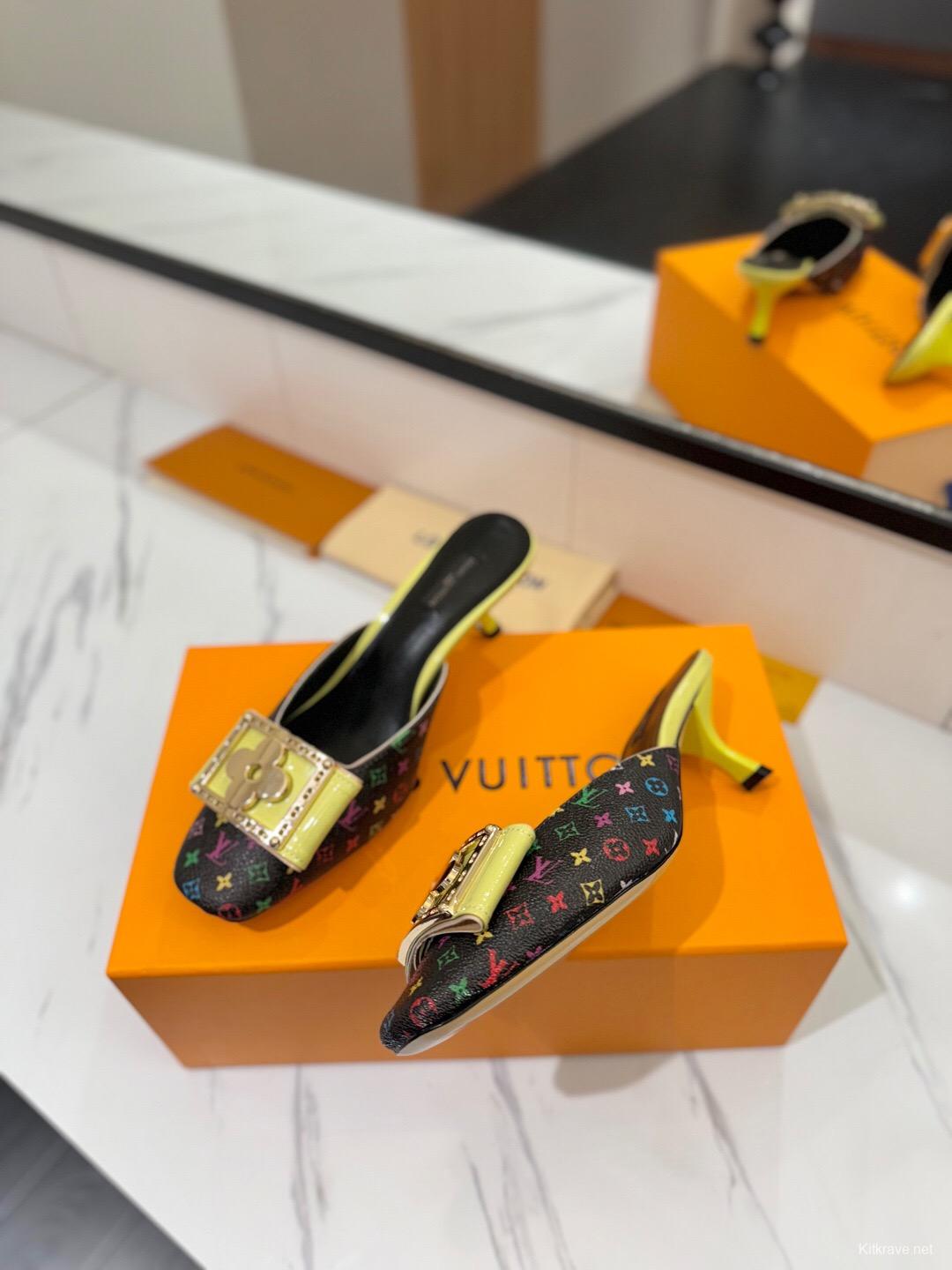 2025 Women Louis Vuitton Black Multicolor Canvas Leather Mules Buckle KFY00320