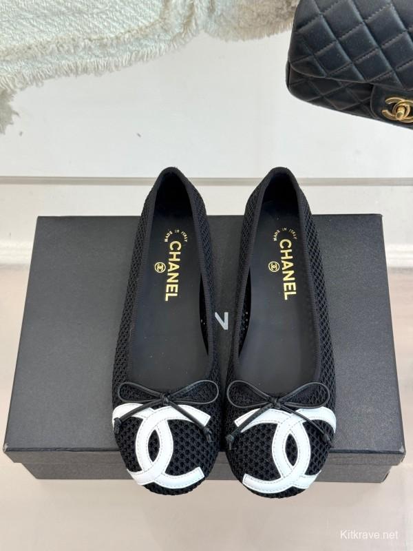 2025 Women Chanel Black White Mesh Leather Ballet Flats KFY00260