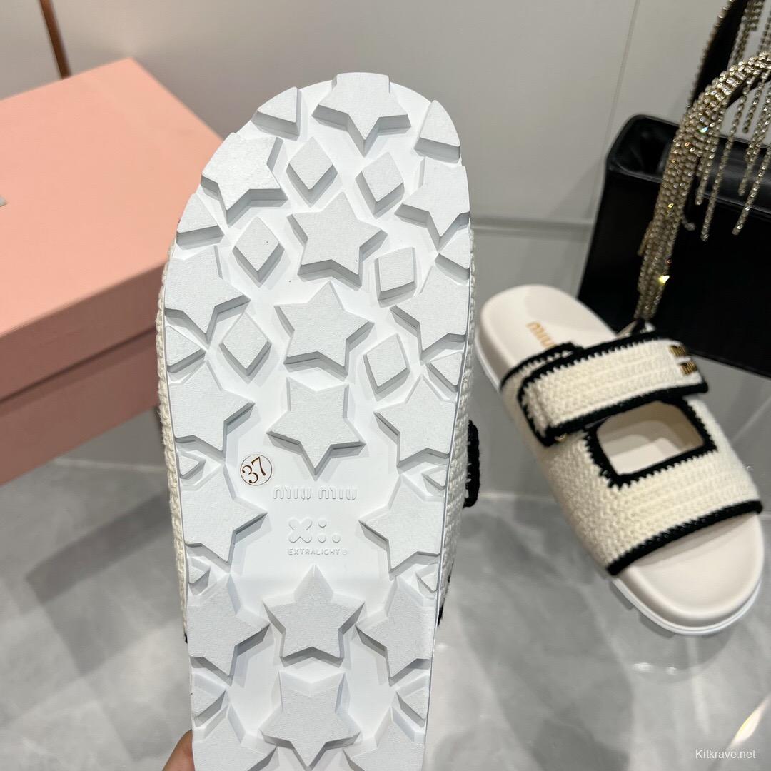 2025 Miu Miu White Black Knitted Leather Slippers KFY00290