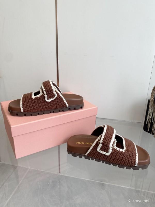 2025 Miu Miu Brown White Crochet Slippers KFY00290