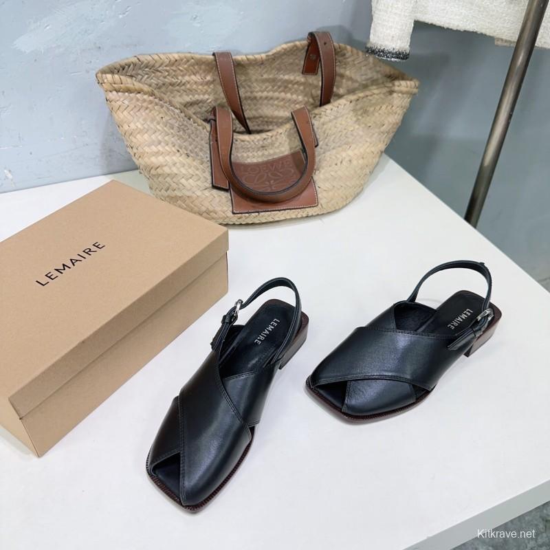 2025 Women Lemaire Black Leather Sandals KFY00310