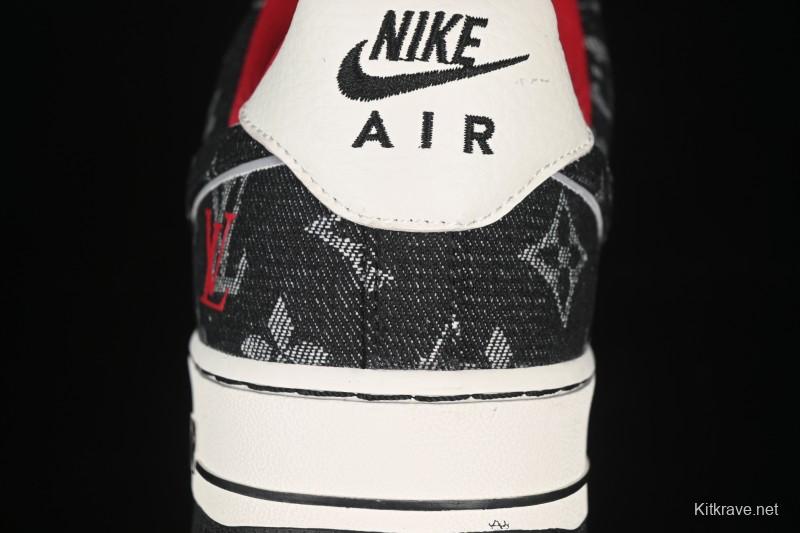 Nike Air Force 1 '07 Low LV Collaboration Black Denim Red Swoosh Casual Sneakers - LW9279-001