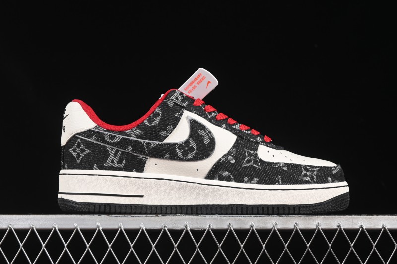 Nike Air Force 1 '07 Low LV Collaboration Black Denim Red Swoosh Casual Sneakers - LW9279-001