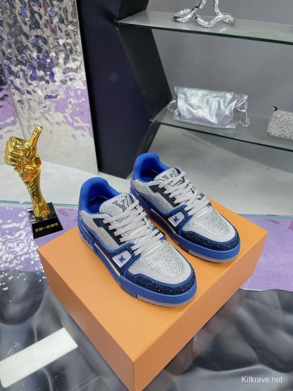 2025 Women Louis Vuitton Blue White Cow Leather Fabric Plimsolls Handcrafted Crystals AS00400
