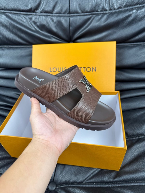 2025 Men Louis Vuitton Brown Leather Slippers AS00170