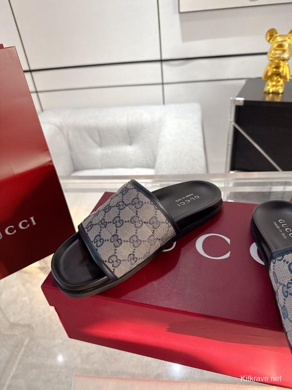 2025 Unisex Gucci Black Grey Fabric Slippers Double G Embossed AS00240