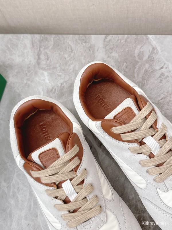 2025 Unisex Bottega Veneta White Nylon Suede Sneakers Woven Pattern KFY00290