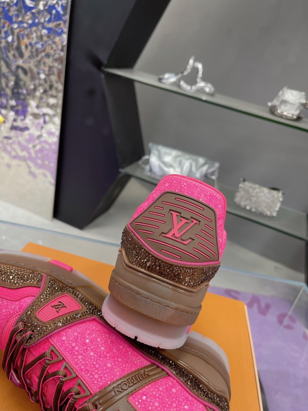 2025 Unisex Louis Vuitton Pink Brown Leather Canvas Plimsolls Handcrafted Crystals AS00400