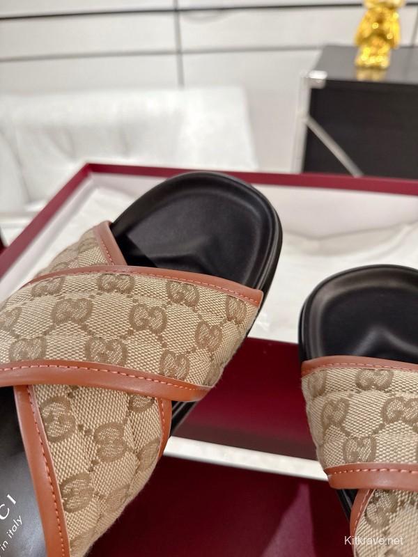 2025 Unisex Gucci Beige Brown Canvas Leather Slippers Double G Embossed AS00240