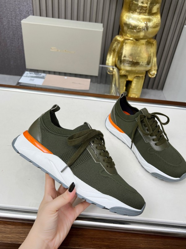 2025 Unisex Santoni Military Green Orange Wool Blend Knit Sneakers AS00320