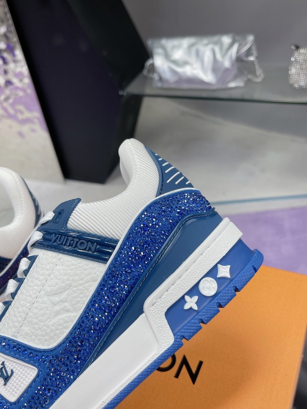 2025 Unisex Louis Vuitton Blue White Leather Plimsolls Handcrafted Beaded AS00400