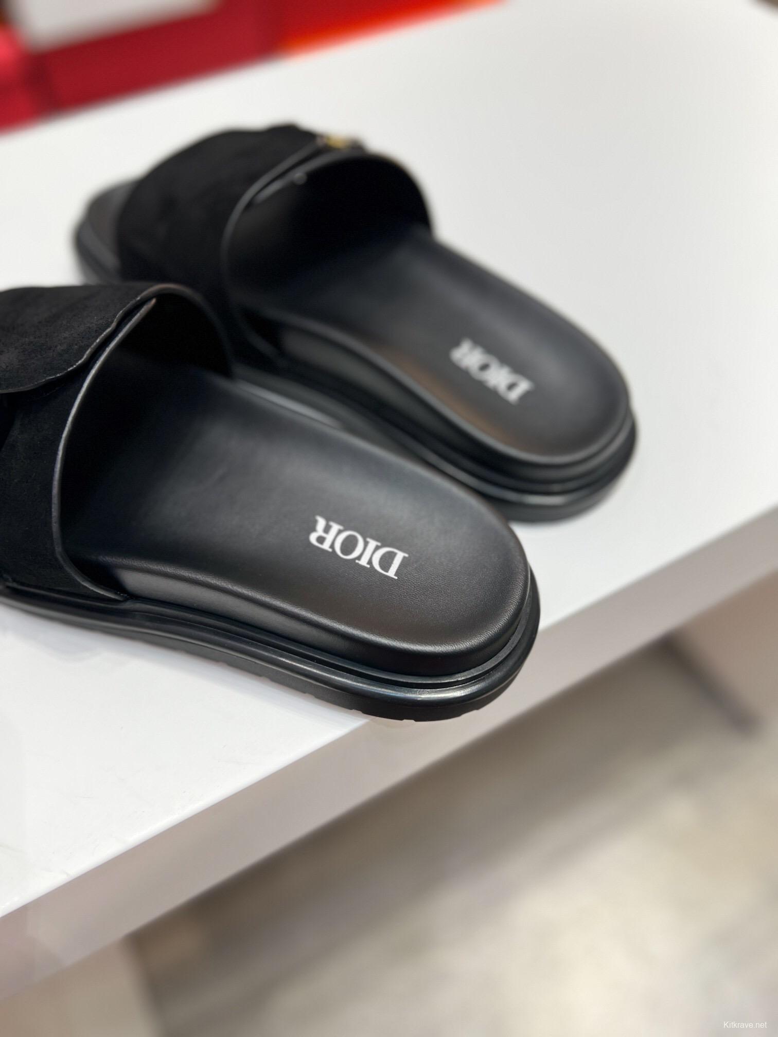 2025 Men Dior Black Leather Slippers CD Diamond Top Version AS00190