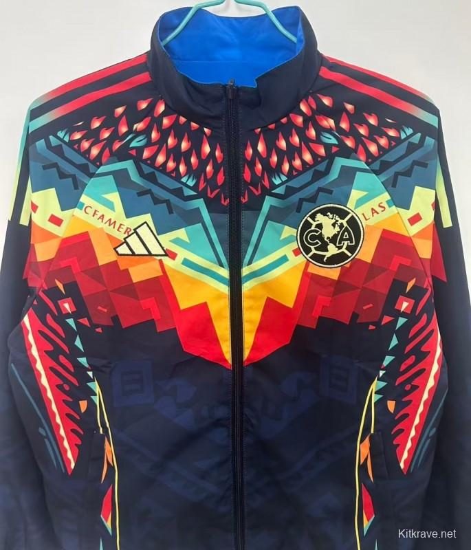 25/26 Club America Navy Blue with Aztec-Inspired Geometric Pattern Windbreaker