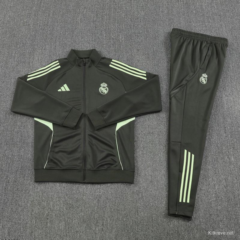 25/26 Real Madrid Dark Grey with Neon Green Stripes Half Zipper Jacket Tracksuit +Long Pants