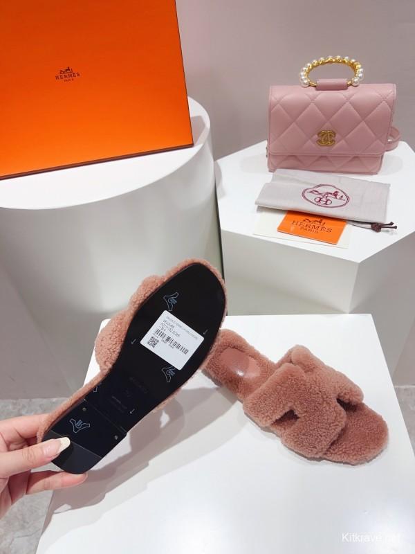 H Teddy Wool H Slippers Flat Sole Winter Edition - LY00240