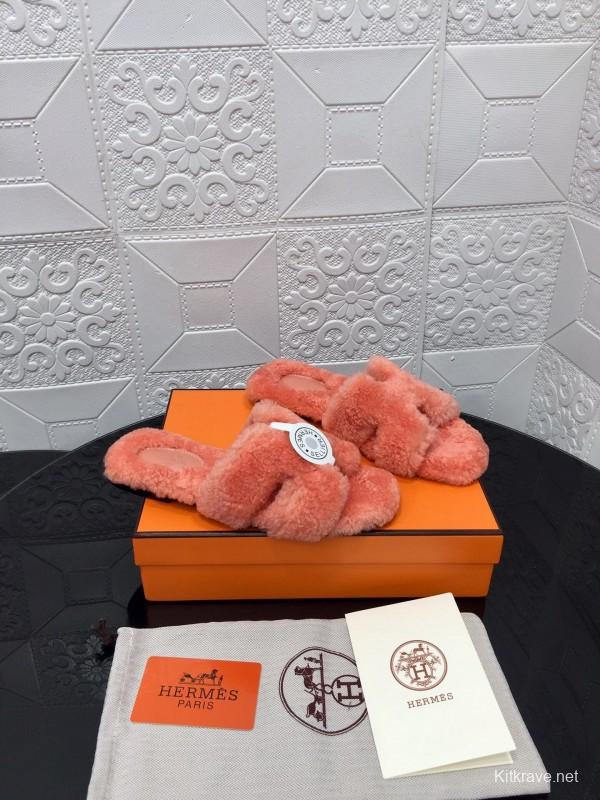 H Teddy Wool H Slippers Flat Sole Winter Home Shoes - LY00240