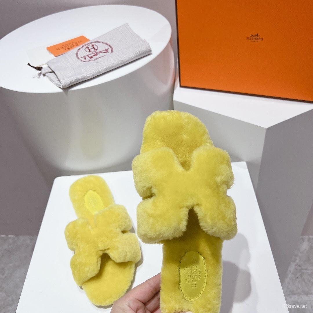 Hermès Teddy Wool H Slippers Flat Sole Fur Slides - LY00240