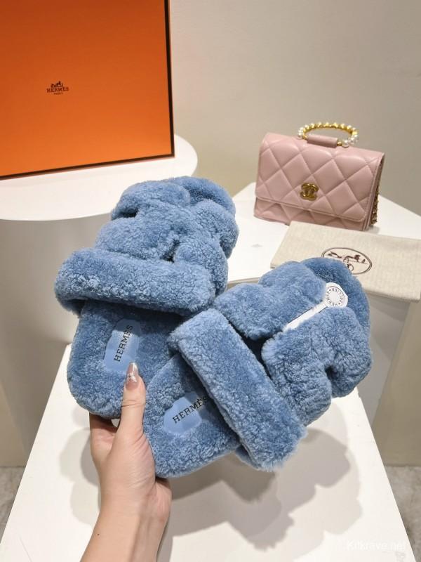 H Love Erjiu Full Wool Slippers with Slightly Curled Wool Design - LY00270